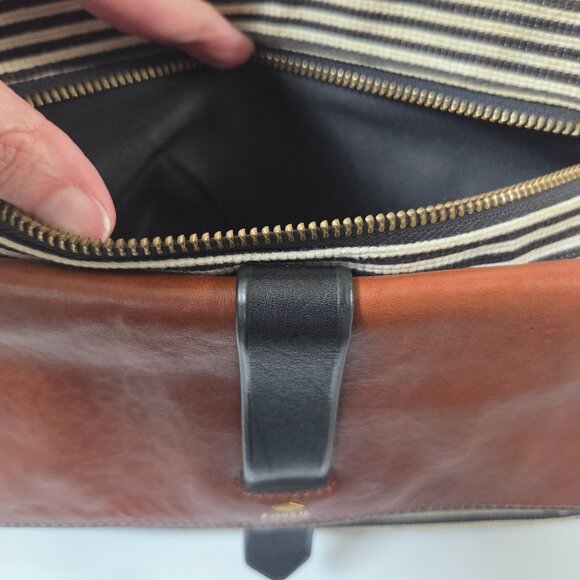 Fossil Purse Kinley Black Striped Canvas Tan Leather Crossbody Bag Boho - Picture 6 of 11